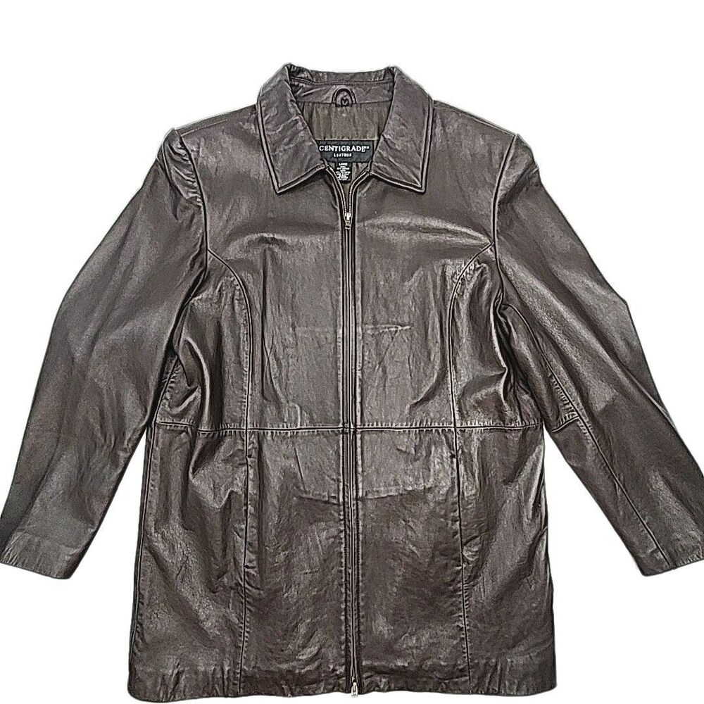Centigrade Leather Jacket Women Sz Large Brown 2-Way Zip Lined Pocket Car Coat